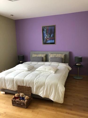 a bedroom with a large bed with a purple wall at B&B on Top in Sirnach