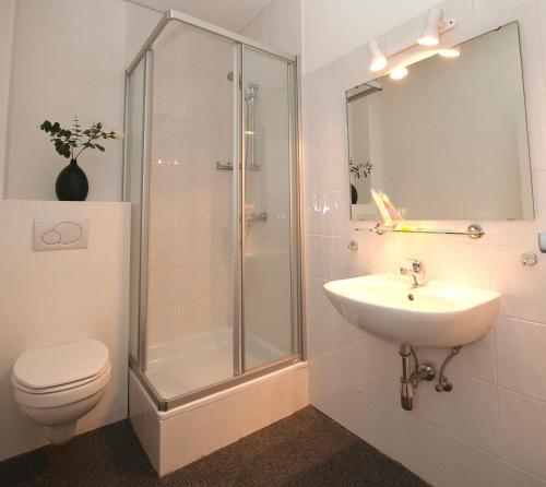 ein Bad mit einer Dusche, einem Waschbecken und einem WC in der Unterkunft Hotel Mille Colonnes in Löwen