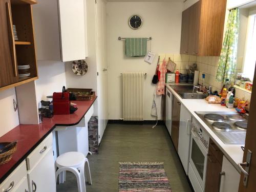 a kitchen with white cabinets and a red counter top at La Ruada (701 Bo) in Lenzerheide