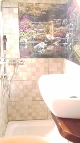 ein Badezimmer mit einem Waschbecken und einem Wandgemälde in der Unterkunft Ferme Lebon Papillon LA ROULOTTE in Le Tampon