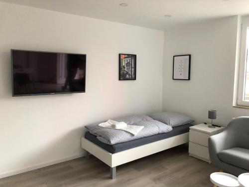 a bedroom with a bed with a flat screen tv on the wall at Deluxe Apartments Messe Flughafen in Leinfelden-Echterdingen