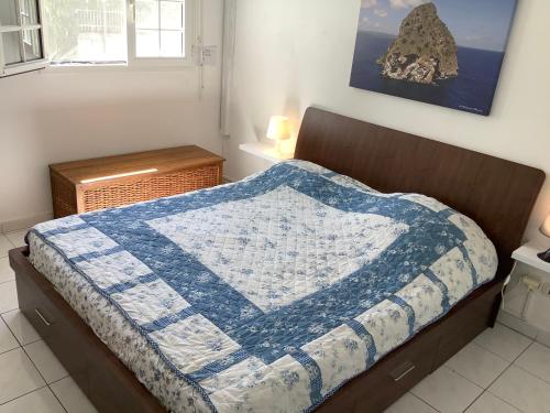 a bed with a blue and white quilt on it at Le COLIBRI in Les Anses-dʼArlets