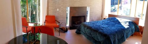 um quarto com uma cama e uma lareira em Robinson Cottage Monte Verde MG em Monte Verde