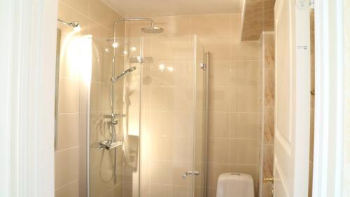 a bathroom with a glass shower with a toilet at Vänerport Lakefront Hotell in Mariestad