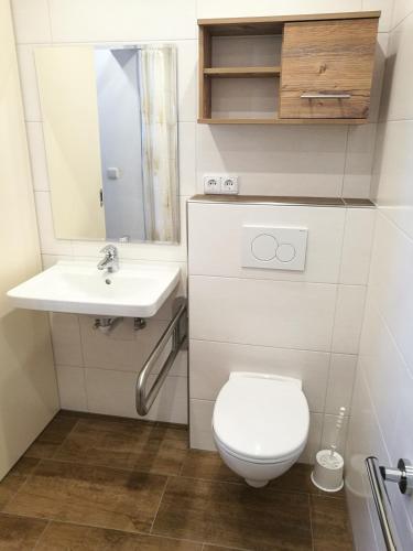 a small bathroom with a toilet and a sink at Chalet Glockenhof in Walchsee