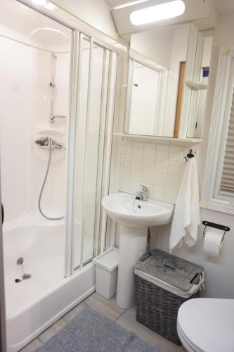 a bathroom with a sink and a shower and a toilet at Domek na Skarpie in Zakopane