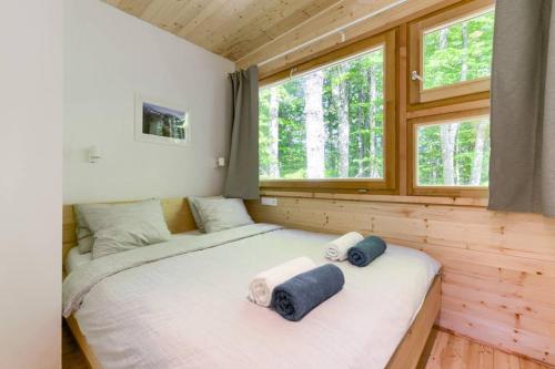 2 letti in una camera con 2 finestre di Treehouse Lika1 a Gospić