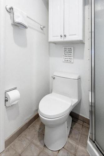 a bathroom with a white toilet and a cabinet at Large 1 Bedroom Apartment, Home Theater, Fireplace in Berkeley