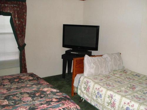 a hotel room with a tv and a bed and a tvictericter at Comfort Green Motel in Thayer