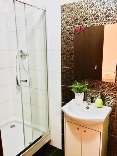 a bathroom with a glass shower and a sink at Noclegi AVATAR Radom in Radom