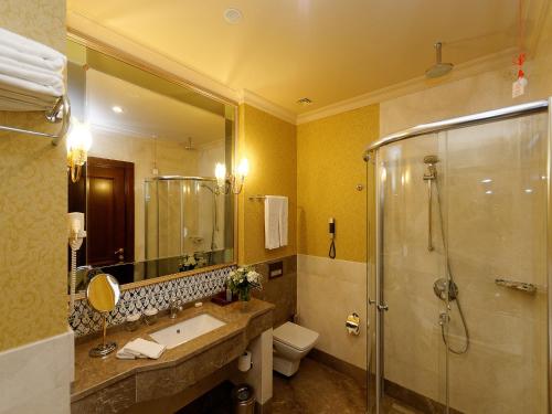 un bagno con lavandino, doccia e WC di Meyra Palace a Ankara