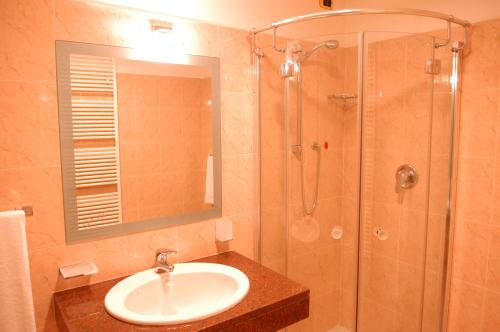 a bathroom with a sink and a shower at Pilgrim's Hotel in Cicognolo
