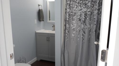 a bathroom with a shower curtain and a sink at The Sequoia Hut! in Three Rivers