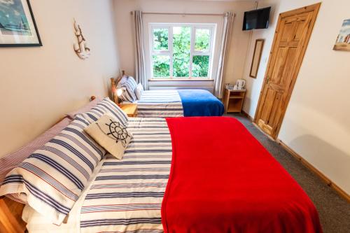 a bedroom with two beds and a red rug at Seawinds Bed and Breakfast in Killybegs