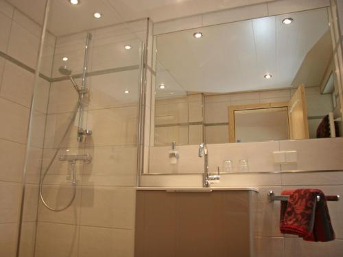 W łazience znajduje się prysznic i lustro. w obiekcie Pension Bader w mieście Löffingen