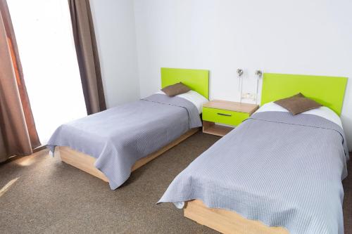 two beds in a room with green and white at Vila William’s in Braşov