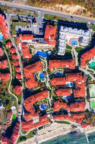 an overhead view of a city with red roofs at Garden of Eden Complex in Sveti Vlas