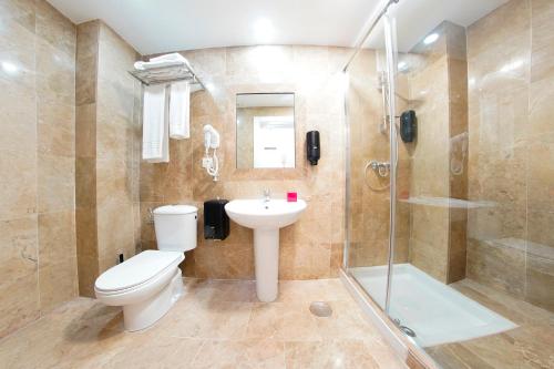 y baño con aseo, ducha y lavamanos. en Zenplaya Bajo 12 Terraza interior, en Torremolinos