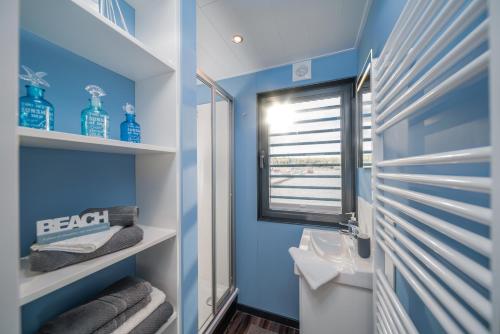 a bathroom with blue walls and a window at Hausboote Marina Braunsbedra in Braunsbedra