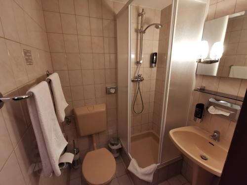 a bathroom with a shower and a toilet and a sink at Hotel Bajazzo in Vienna