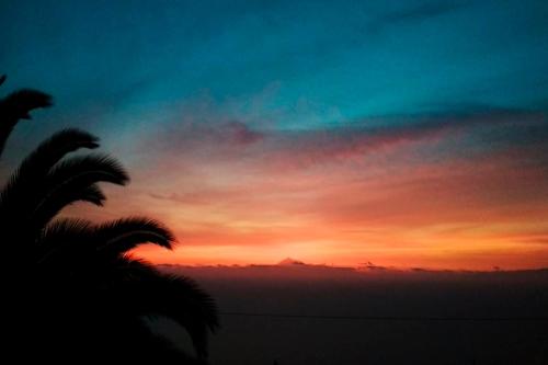 a sunset with palm trees in the foreground at Los Draguitos in Villa de Mazo