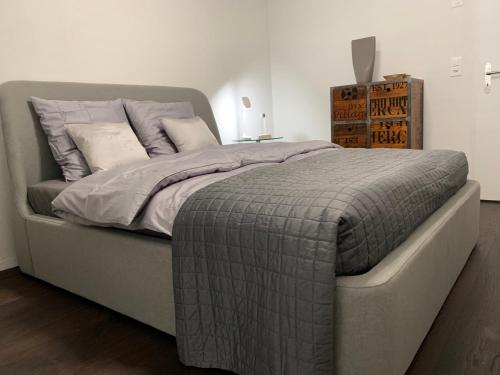 a bed with a gray comforter and pillows on it at Central & Elegant Room in Biel in Biel