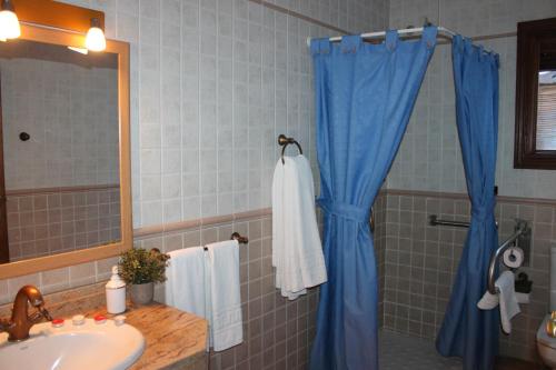 a bathroom with a sink and a blue shower curtain at Apartamentos Rurales Rosendo: La Canela in Capileira