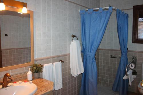 łazienka z umywalką i niebieską zasłoną prysznicową w obiekcie Apartamentos Rurales Rosendo: La Canela w mieście Capileira