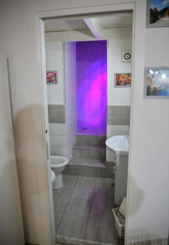 a bathroom with a purple wall and a toilet at Iluma in Ercolano