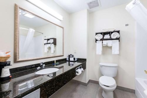 a bathroom with a sink and a toilet and a mirror at Clarion Pointe Madison-Huntsville in Madison