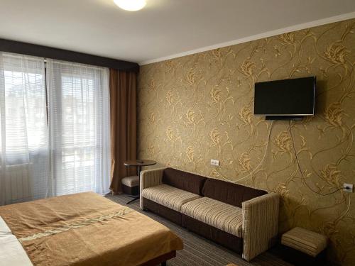 ウージュホロドにあるIntourist-Zakarpattia Hotelのソファと壁にテレビが備わるホテルルームです。