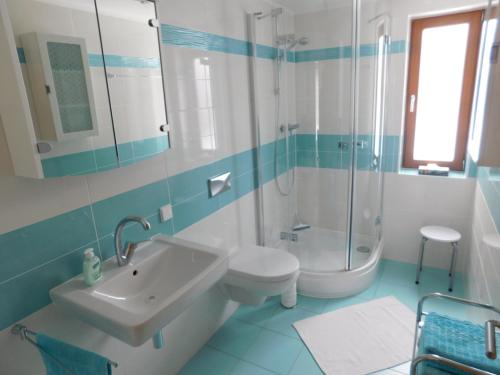 een badkamer met een wastafel, een toilet en een douche bij Appartement am Rosengarten in Füssen