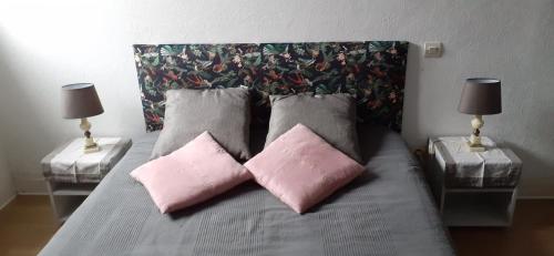 a bedroom with a bed with two pink pillows at Jolie T2 au coeur du bourg in Carnac