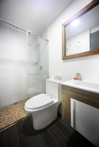 a bathroom with a toilet and a sink and a mirror at Casa La Maria Salento, 3 HABITACIONES in Salento