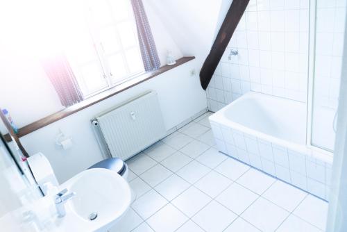 a white bathroom with a toilet and a bath tub at Ferienwohnung Fiete in Grevenkop