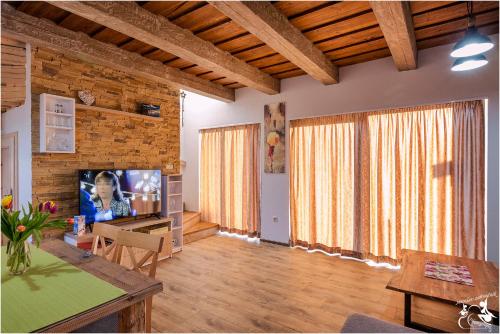 a living room with a television and wooden walls at Apartments Pemikas I in Liptovský Mikuláš