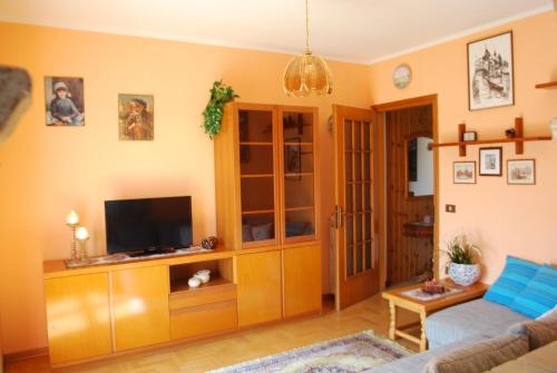 een woonkamer met een bank en een tv bij Rustico Massimo - Rebomaholidays in Tignale
