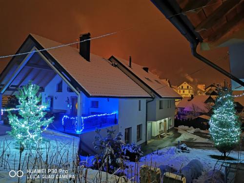 a house decorated with christmas lights in the snow at Tourist farm Megušar in Škofja Loka