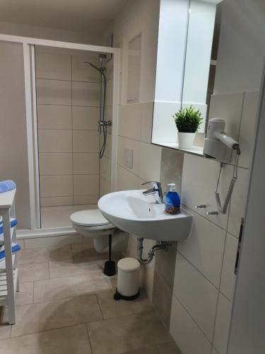 a bathroom with a sink and a toilet at Altstadtpension Rostock in Rostock
