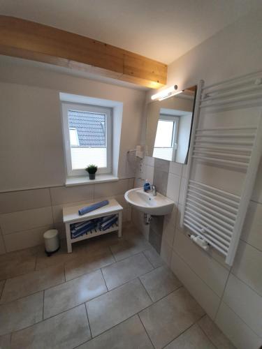 ein Bad mit einem Waschbecken und einem Spiegel in der Unterkunft Altstadtpension Rostock in Rostock