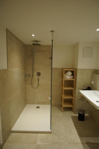 a bathroom with a shower and a sink at Ferienwohnung Stuimändle in Obermaiselstein