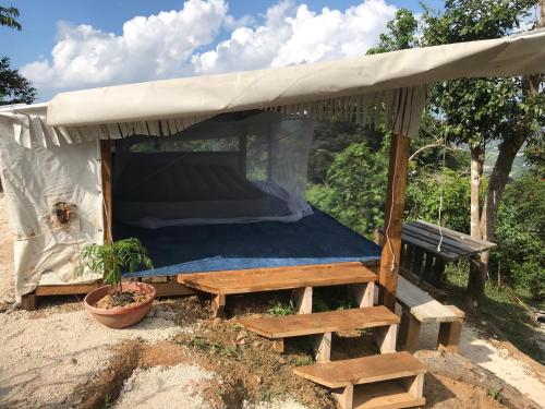 a bed in a tent with a table and a potted plant at Camping para dos - a escoger, segun disponibilidad de cabaña in Caguas