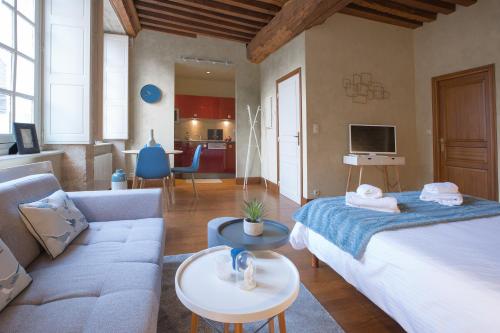 a living room with a bed and a couch at La Tonnellerie in Beaune