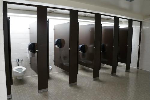 La salle de bains est pourvue de 2 stalles, de toilettes et d'un urinoir. dans l'établissement University of Toronto-New College Residence-45 Willcocks Residence, à Toronto