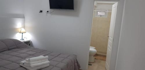 1 dormitorio con 1 cama y baño con aseo en NINA I en Ushuaia