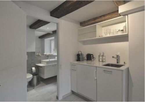a white kitchen with a sink and a toilet at Röschenzerhof in Röschenz