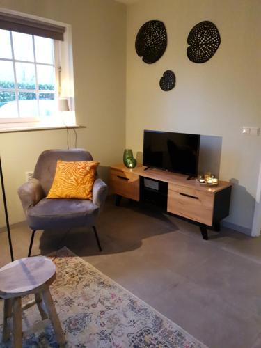 a living room with a chair and a flat screen tv at Lekker Plekje Achterhoek in Lievelde