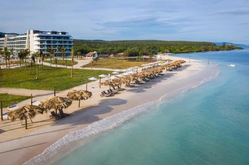 an aerial view of a beach with palm trees and the ocean at Ocean Coral Spring Resort - All Inclusive in Falmouth