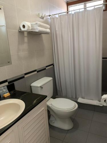 a bathroom with a toilet and a sink and a shower at Hotel Acosta in Iquitos