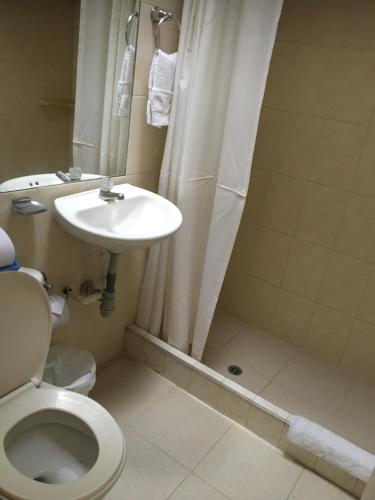 a bathroom with a shower and a toilet and a sink at Hotel Hacienda El Diamante in Villeta